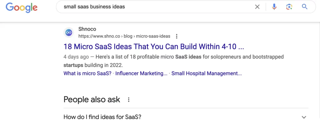 Screenshot of Google search results depicting the organic search result for size based keyword “small saas business ideas”