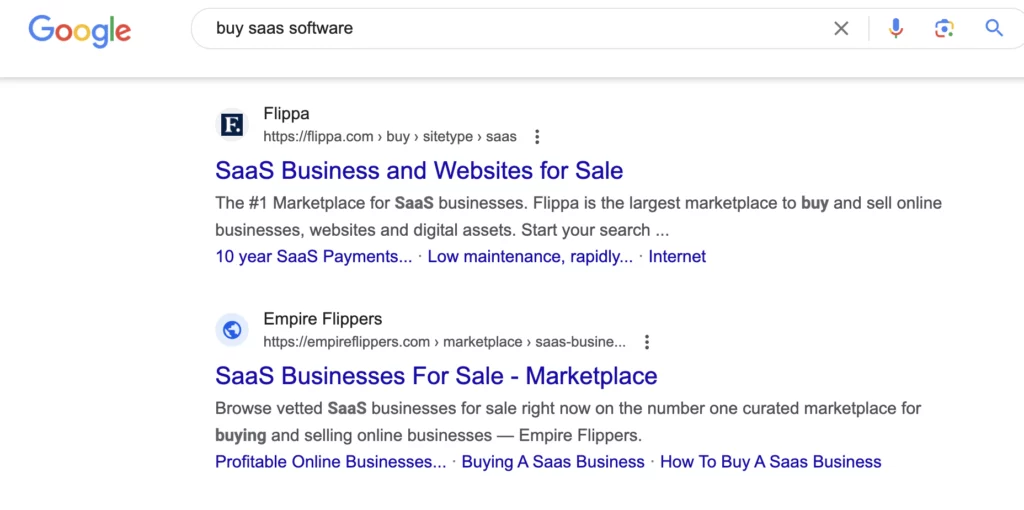 Screenshot of Google SERP depicting the organic result for action based keyword “buy saas software”