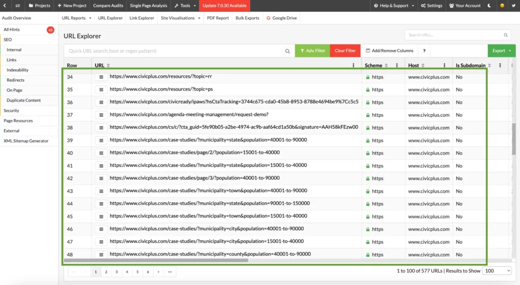 Screenshot of web Scraping tool Sitebulb highlighting parameterized URLs 