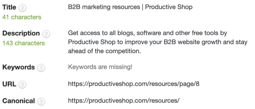 Screenshot of One click SEO tool with their on-page SEO for Productive Shop 