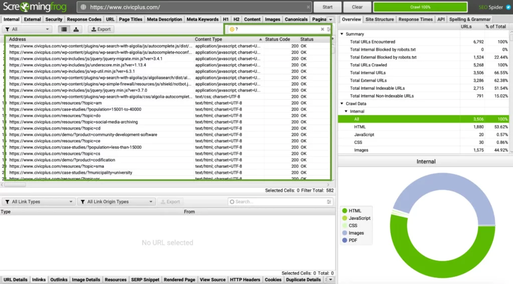 Screenshot of SEO crawler tool Screaming Frog depicting filtered parameterized urls 