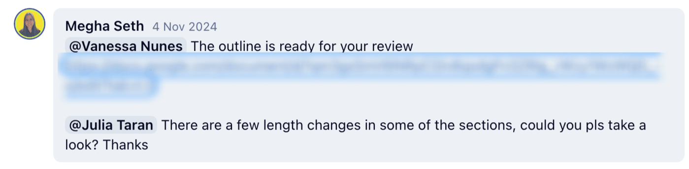 Copywriter tagging a designer in a project management tool to keep them in the loop of changes.