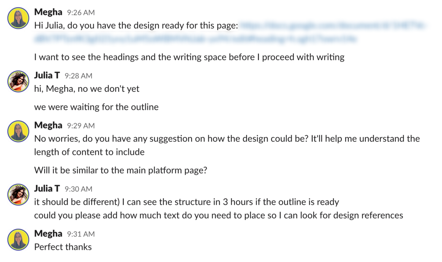 Copywriting and design team collaboration example conversation.