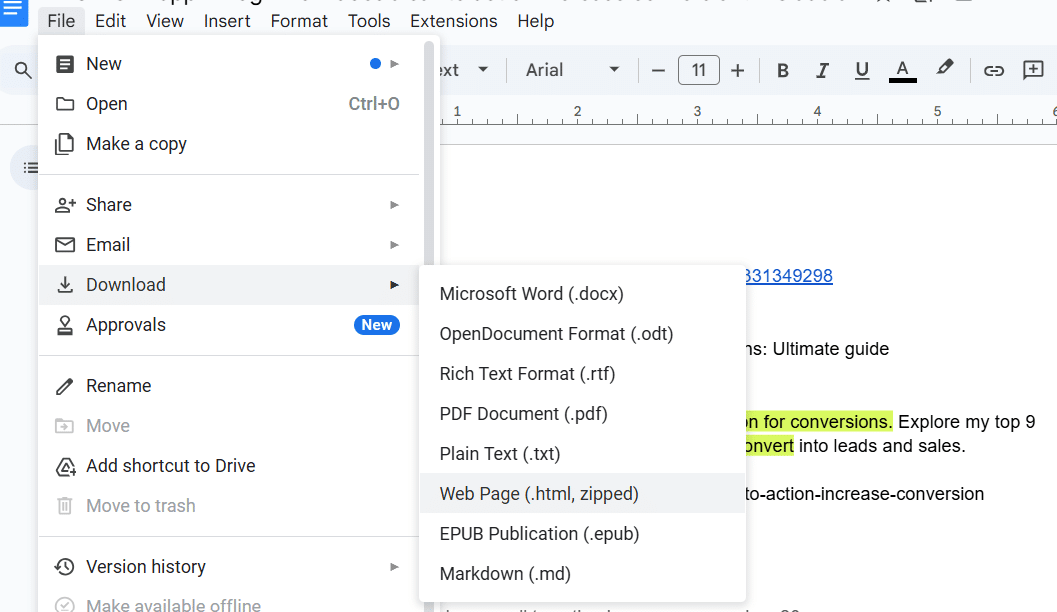 Downloading Google Doc as web page.