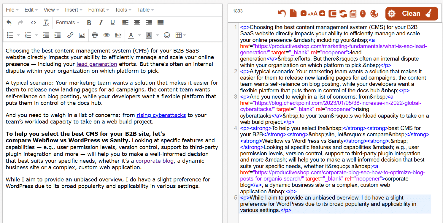 Using an online editor to “clean” document.
