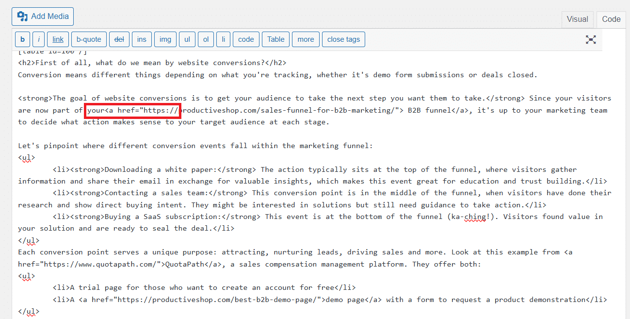 WordPress CMS editor showing linking issue.