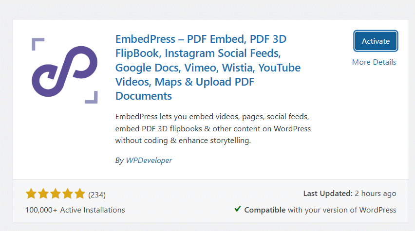 Activating Embed plugin.