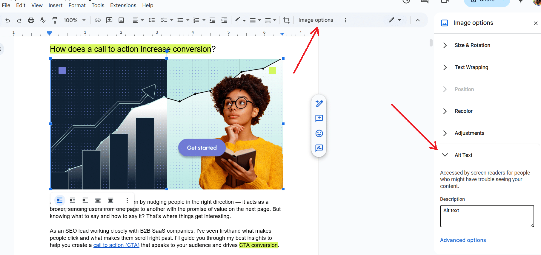 Adding alt text in Google Docs.