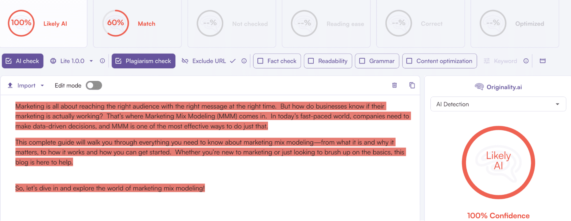 Basic human writing tested by Originality.ai.