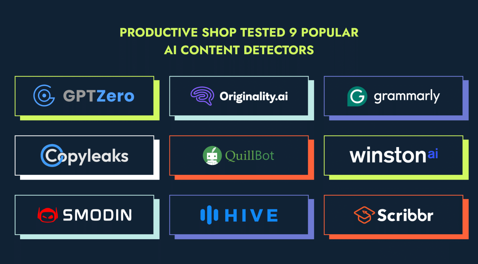 Logos of 9 popular AI content detection tools tested: GPTZero, Originality.ai, Grammarly AI, Copyleaks, QuillBot, Winston AI, Smodin, Hive, Scribbr AI detector.
