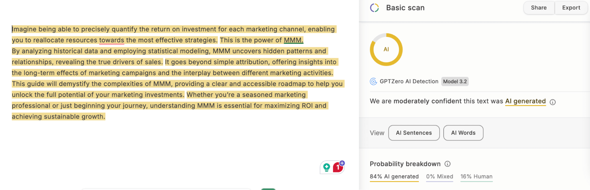 AI-generated writing tested by GPTZero.