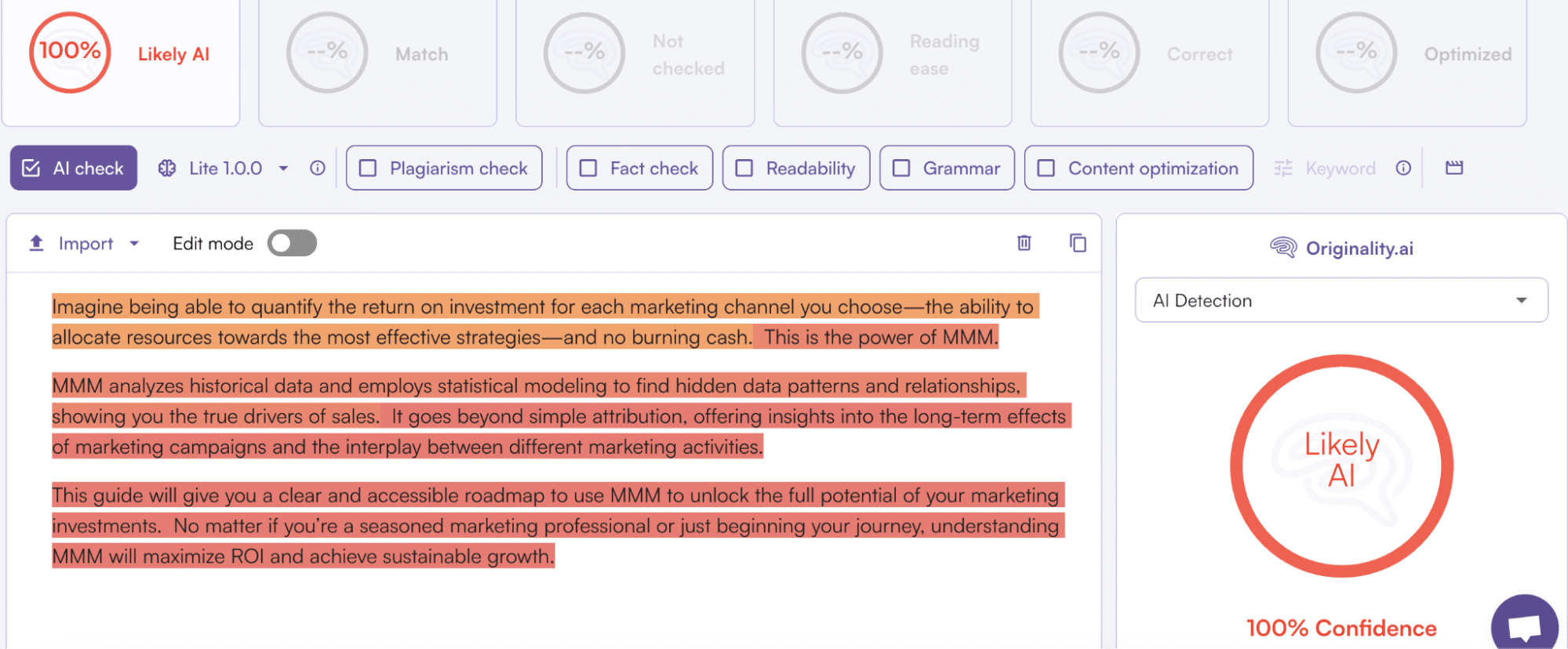 Human-edited AI-generated content tested by Originality.ai.