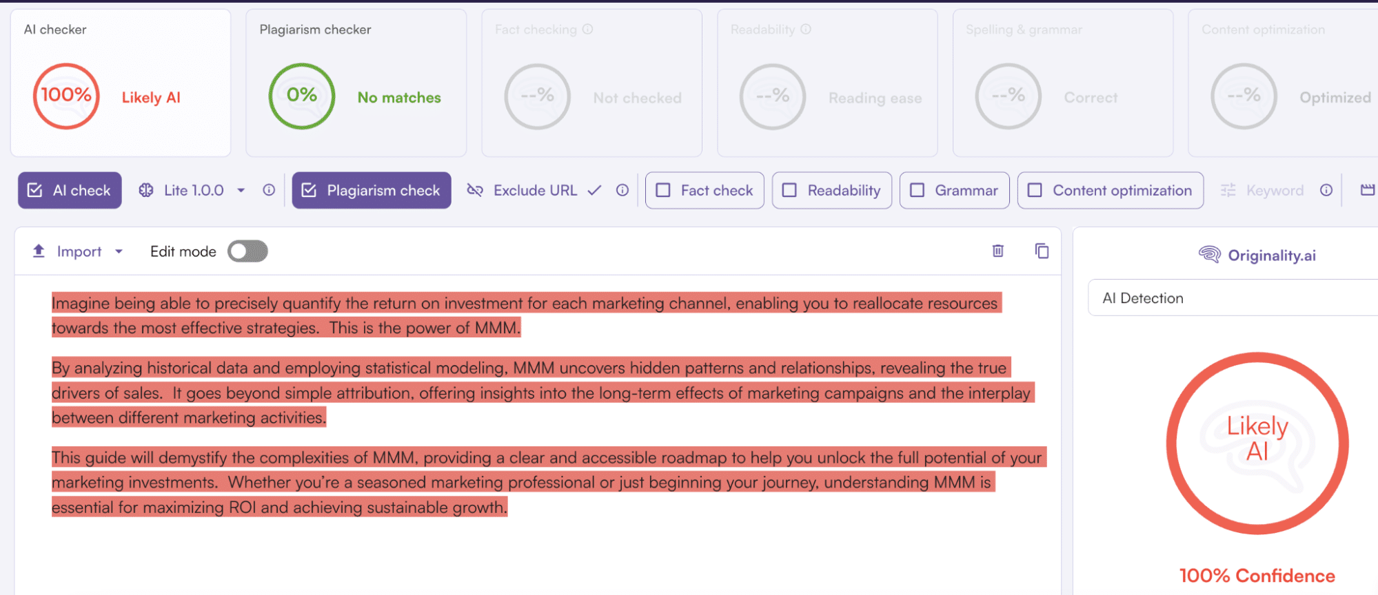AI-generated writing tested by Originality.ai.