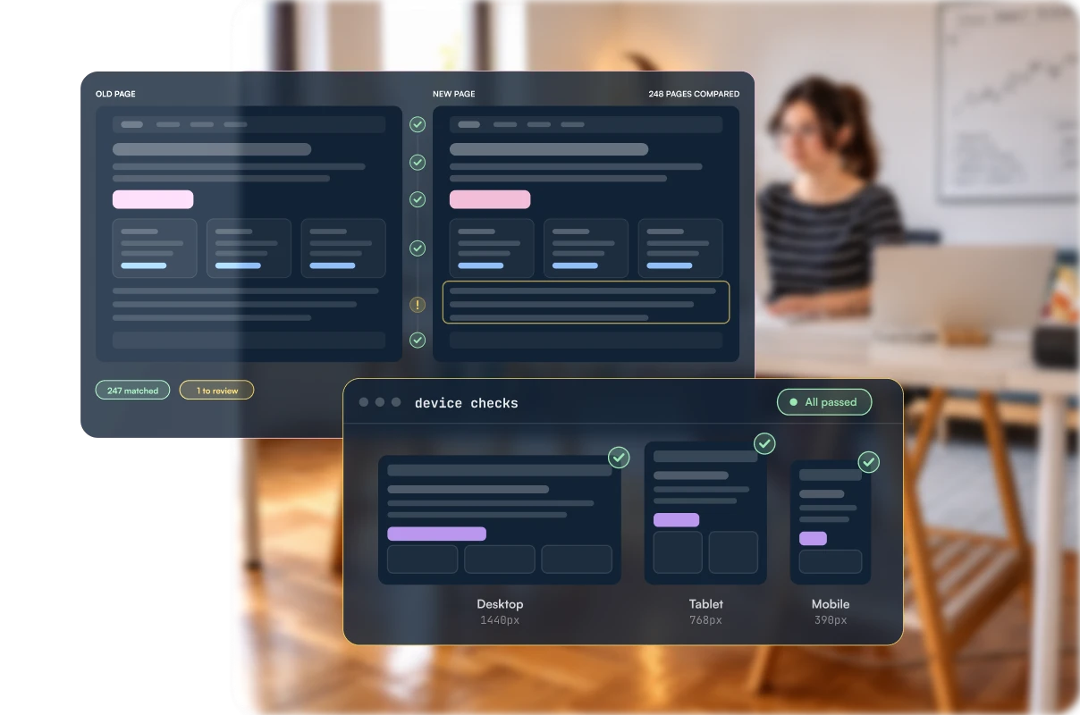 QA — old and new page comparison with device checks
