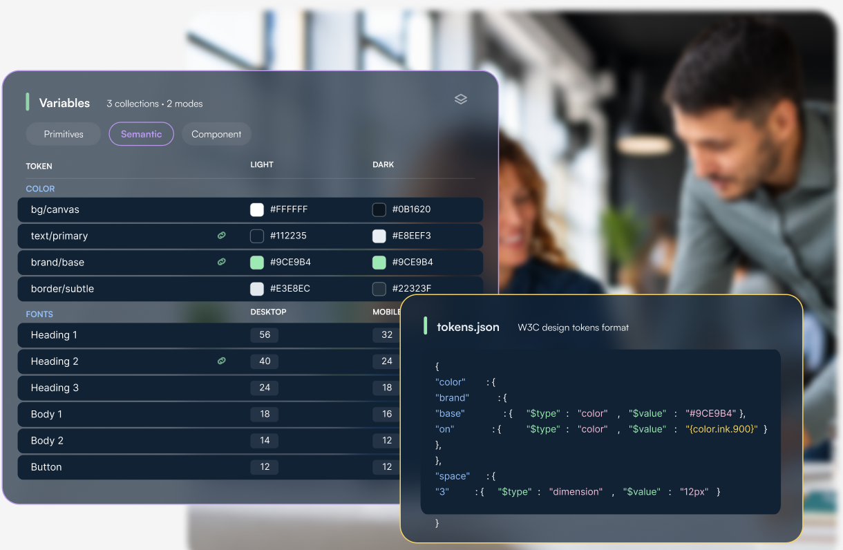 Design tokens — variables panel and tokens.json