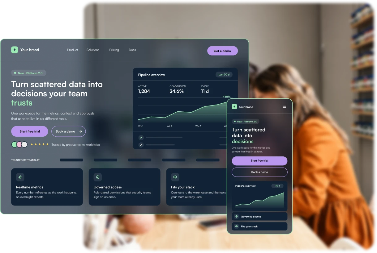 UI design — SaaS landing page on desktop and mobile