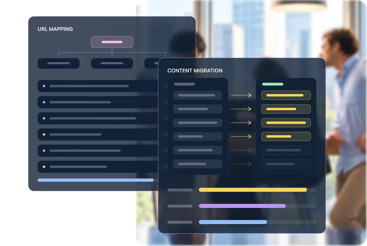 URL mapping and content migration panels over a team at work
