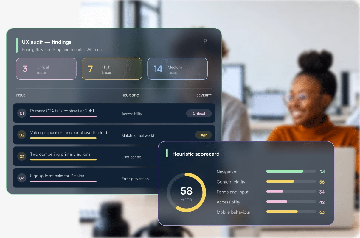 UX audit findings and heuristic scorecard